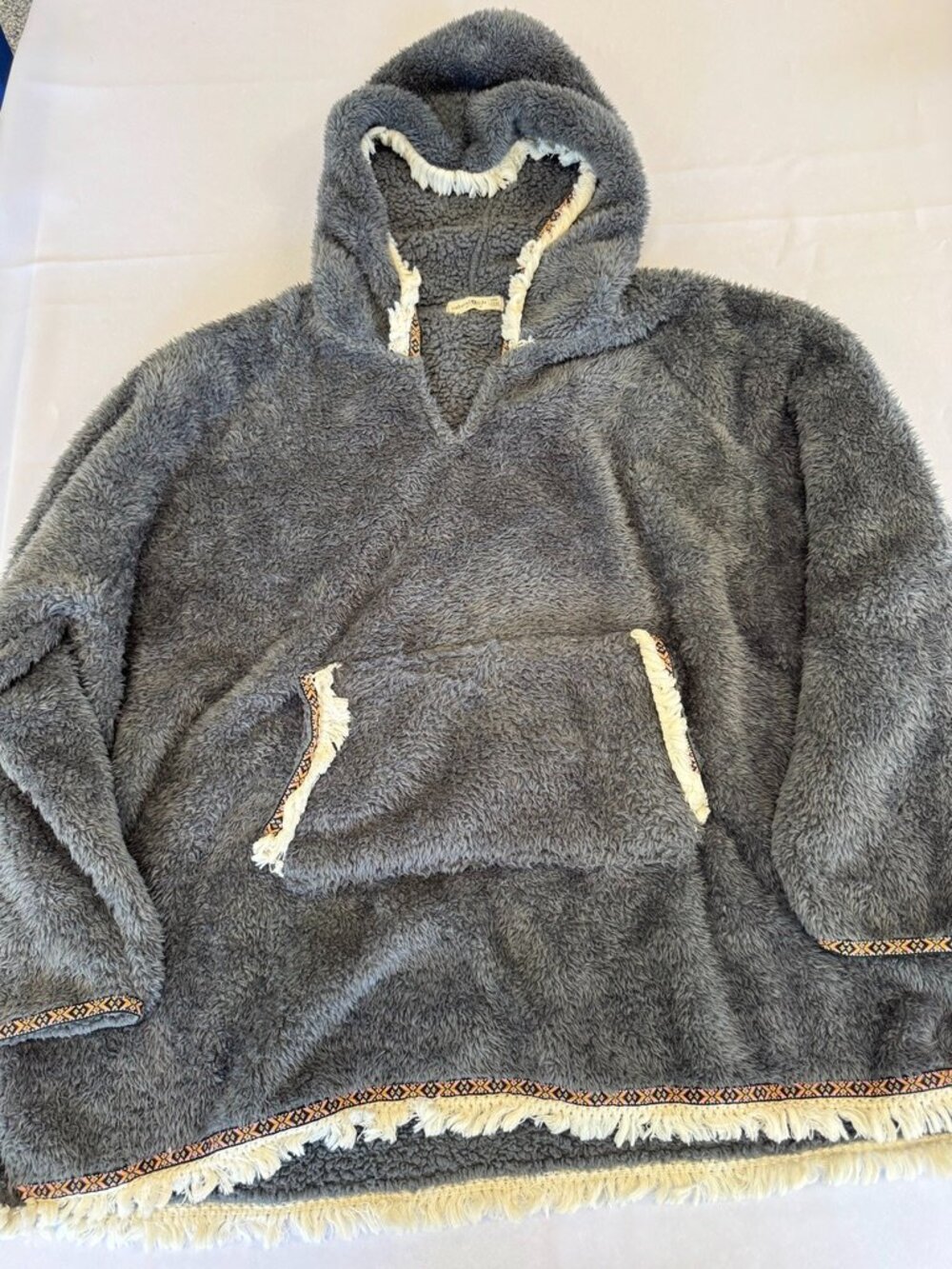 Natural Life Oversized Gray Fleece Hoodie Boho Fringe Trim One Size